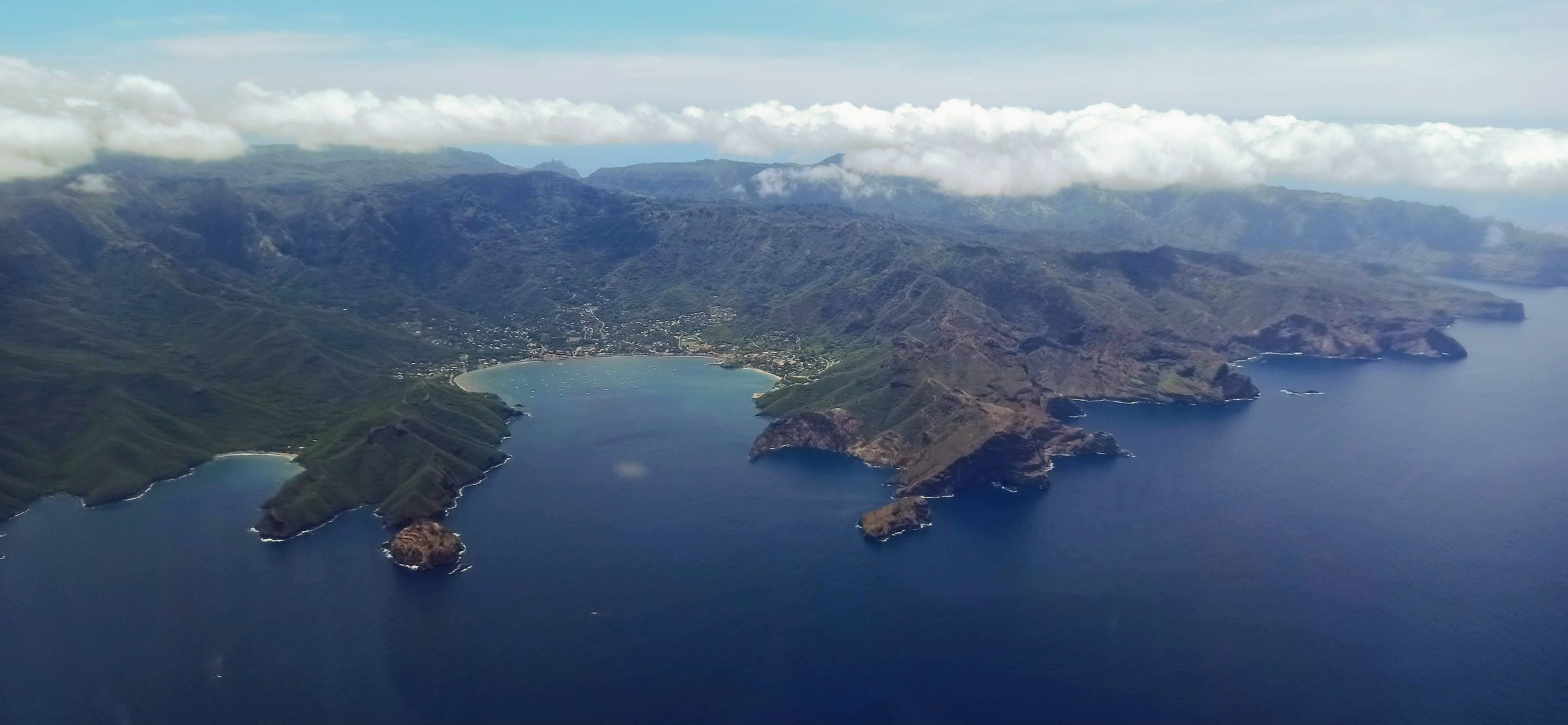 Aerial view of Nuku Hiva’s south coast and Taiohae Bay