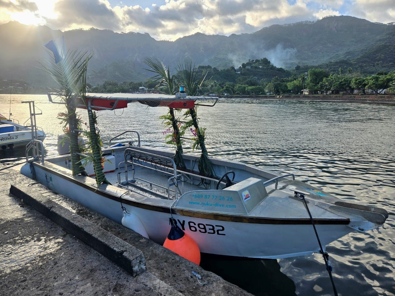 The MOANA III boat decorated for a private trip in Taiohae Bay