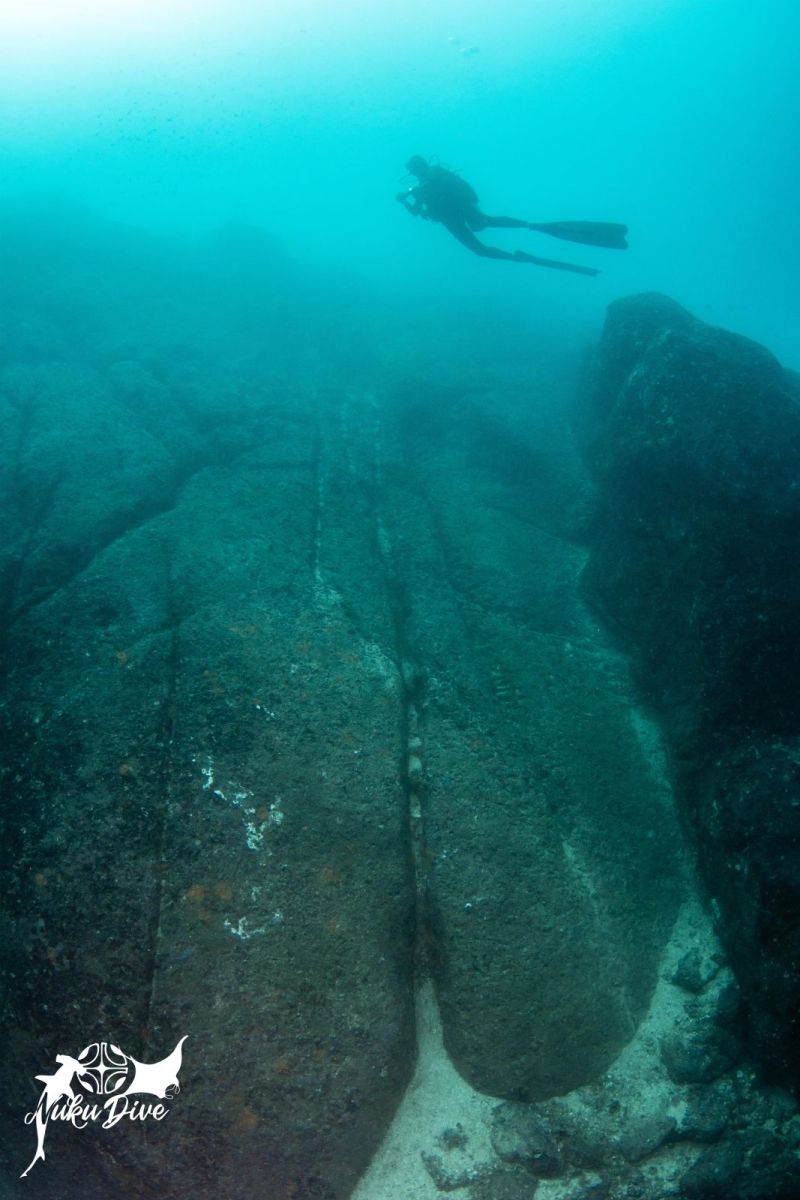 Diver above a large boulder at Motu Nui